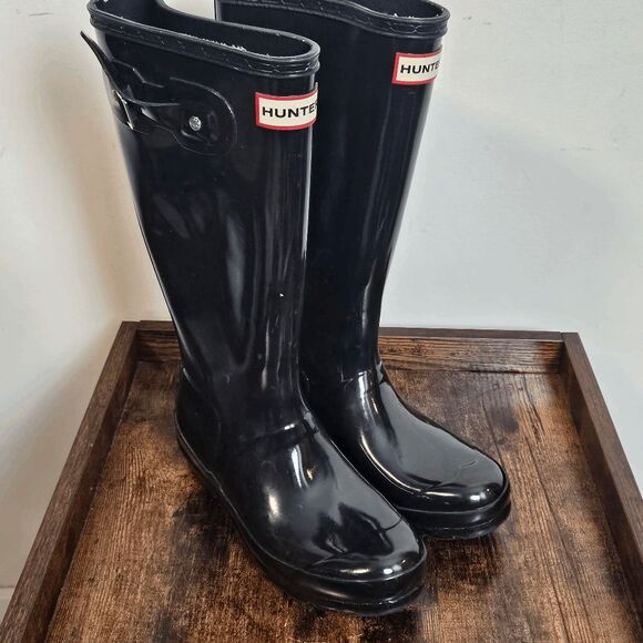 Hunter Original Tall Adjustable High Gloss Boots Rubber Rain Unisex Black Size 4 - Picture 1 of 7